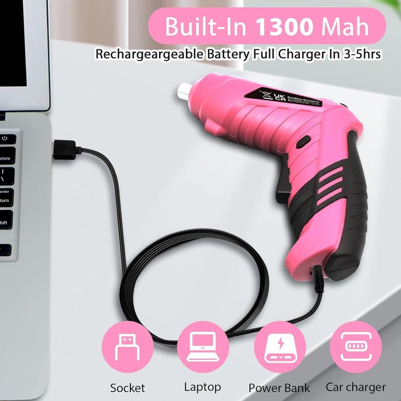 MQFORU Pink Cordless Electric Screwdriver Set, 3.7V Rechargeable Small Electric Drill with 47pcs Driver Bit Set, Power 3Nm Screw Gun with 2 Position Handle, Flexible Shaft LED Light for Women - Image 4